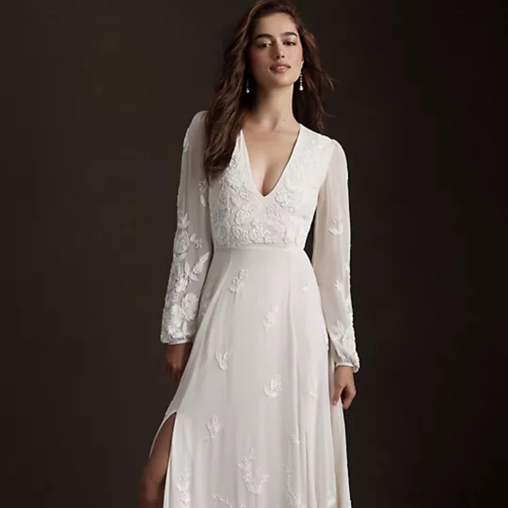 BHLDN Nassau Long-Sleeve Deep-V Embroidered Side-Slit Wedding Gown US size 10